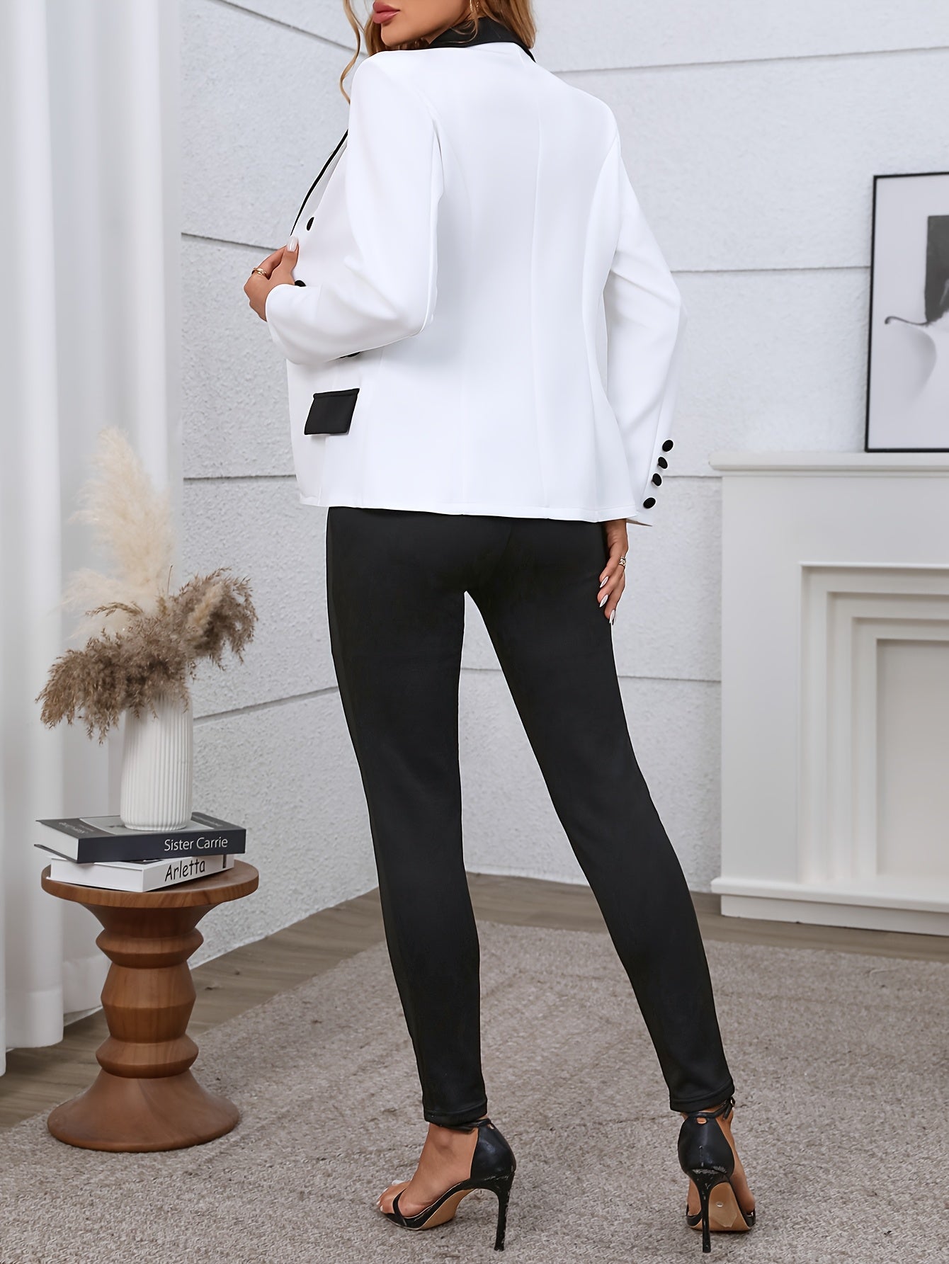 two-piece Color Block Blazer & Straight Leg Pant Set for Women, Casual Button-Front Blazer & Pants Outfit